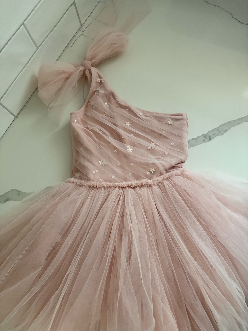 MARAIS SKY One-Shoulder Blush Tulle Star-Embellished Formal Dress for Girls